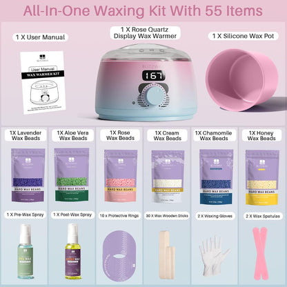 BLITZWAX Brazilian and Bikini Waxing Kit for Women, Hard Wax Warmer for Face, Legs and Body, At Home Hair Removal Kit, Beginner Friendly, Digital Fast Heating, 51 Wax Items