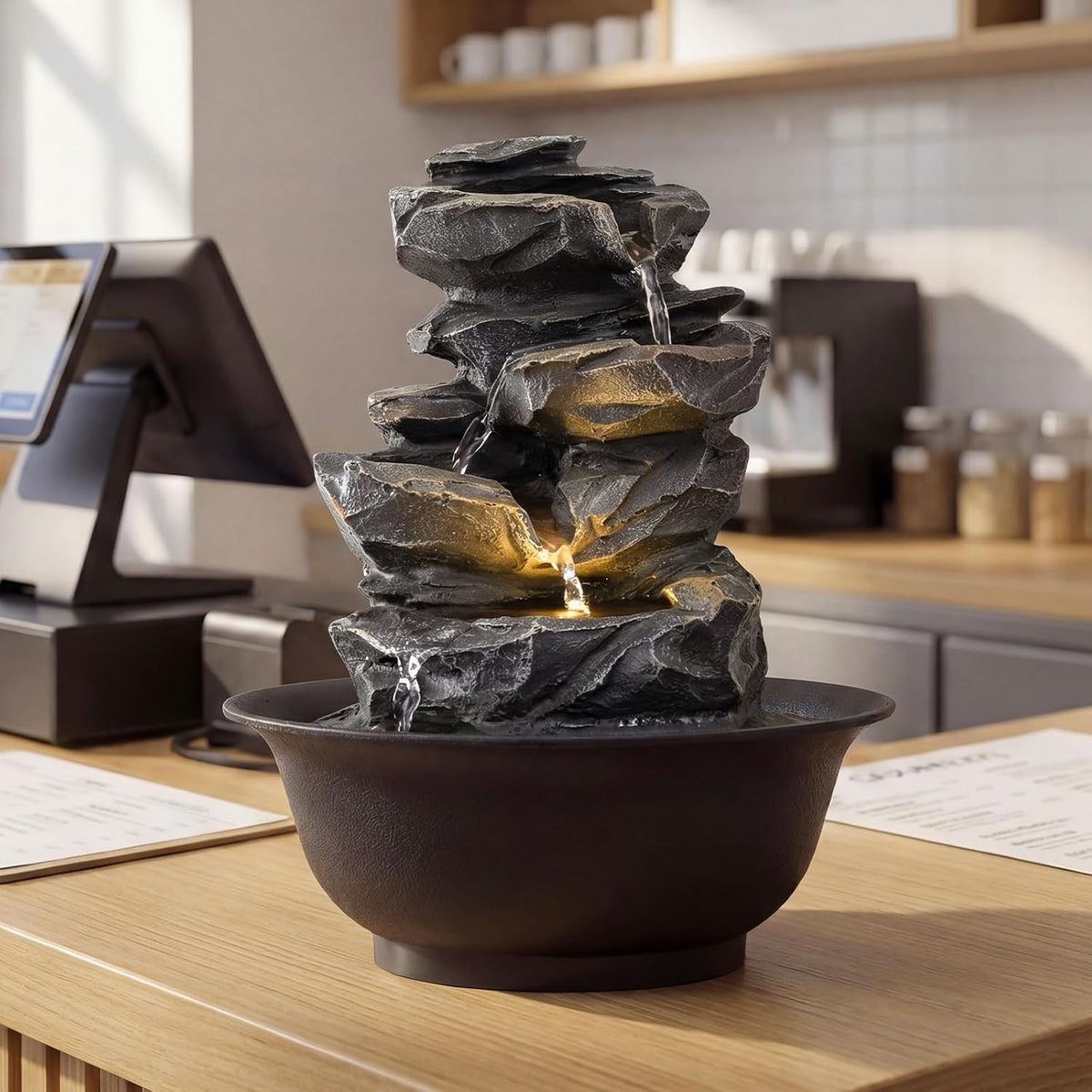 Giantex Tabletop Water Fountain with Warm LED Light, Tiered Rock Waterfall with Pump, Zen Meditation Desktop Decor for Office, Home Relaxation
