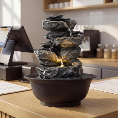 Giantex Tabletop Water Fountain with Warm LED Light, Tiered Rock Waterfall with Pump, Zen Meditation Desktop Decor for Office, Home Relaxation