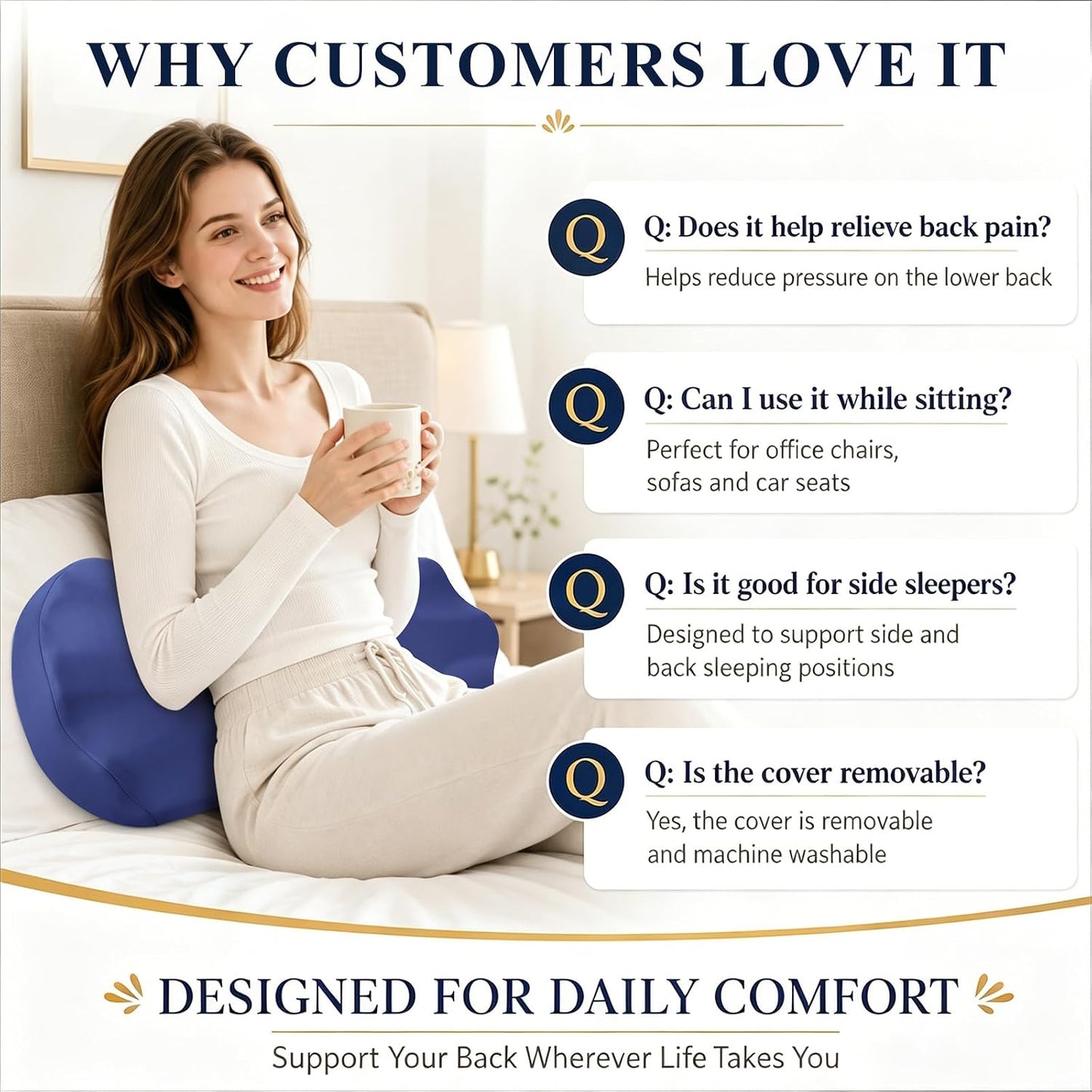 Fledano Lumbar Pillow for Sleeping, Lumbar Support Pillow for Bed for Back Pain Relief, Memory Foam Lower Back Pillow for Bed, Back Support Pillow for Side & Back Sleepers, Washable Cover