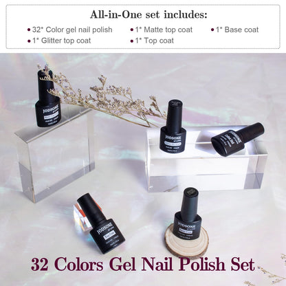 JODSONE Gel Nail Polish Kit 60 PCS with U V Light Soak off Base Top Coat 55 Shine Colors Gel Nail Kit Bright and Dark Brown Wine Red Series Manicure Set for Women and Girls