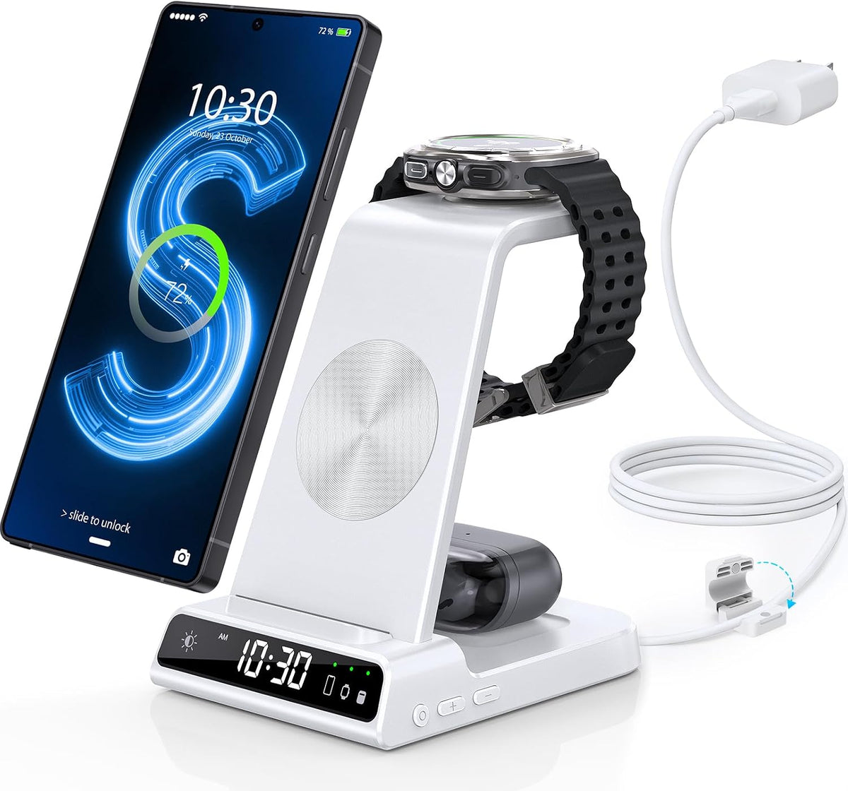 Wireless Charger for Samsung S25 with Clock 3 in 1 Android Charging Station