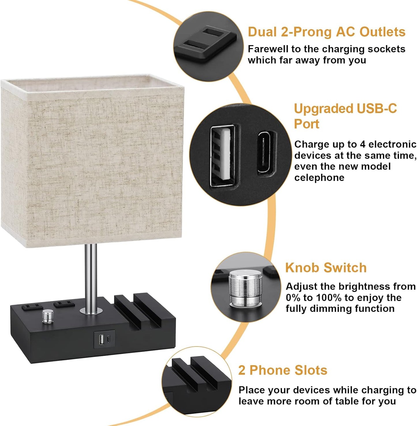 Kakanuo Fully Dimmable Nightstand Lamp for Bedroom with USB C Ports, Grey Small Bedside Table Lamp with Charging Outlets and Phone Stands, Wooden Desk Lamp for Living Room, LED Bulb Included