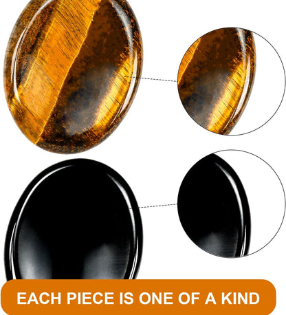 WHAL&YUNE Tiger Eye Obsidian Thumb Worry Stone for Anxiety, Healing Crystals Natural Oval Gemstone Meditation Reiki Balancing Accessories Gift for Stressed People- 1.8 inches
