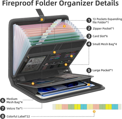 Fireproof Accordion File Organizer, Expanding File Folder with 13 Pockets