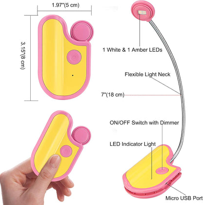 BIGMONAT Rechargeable Reading Light for Kids,Small Amber Book Light,Multi Colors Portable LED Reading Lamp with 361° Rotary Light Neck,Wireless Clip Reading Light for Books (White)
