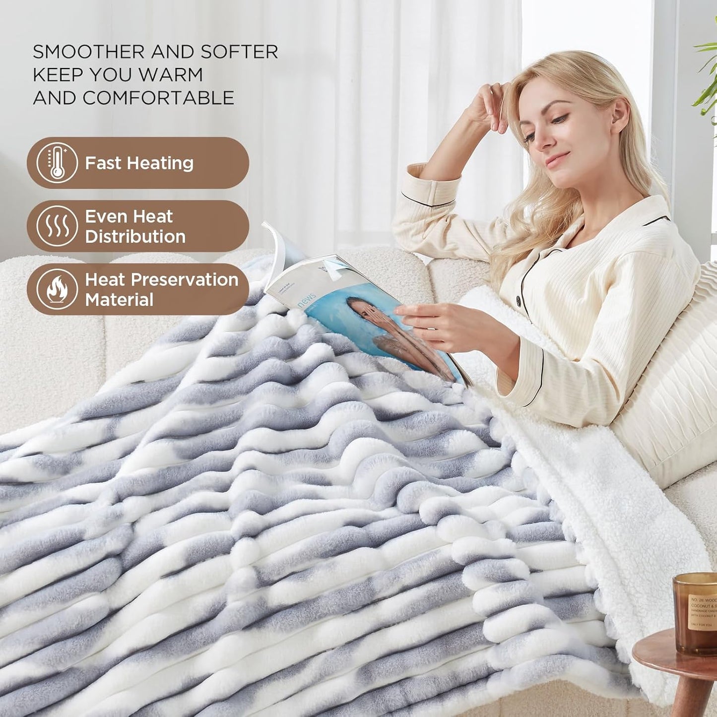 Westinghouse Heated Throw Blanket, Electric Blanket Throw with 6 Heating Levels and 2-10 Hours Time Settings, Flannel to Sherpa Super Cozy Heated Blanket Machine Washable, 50x60 inch, Charcoal