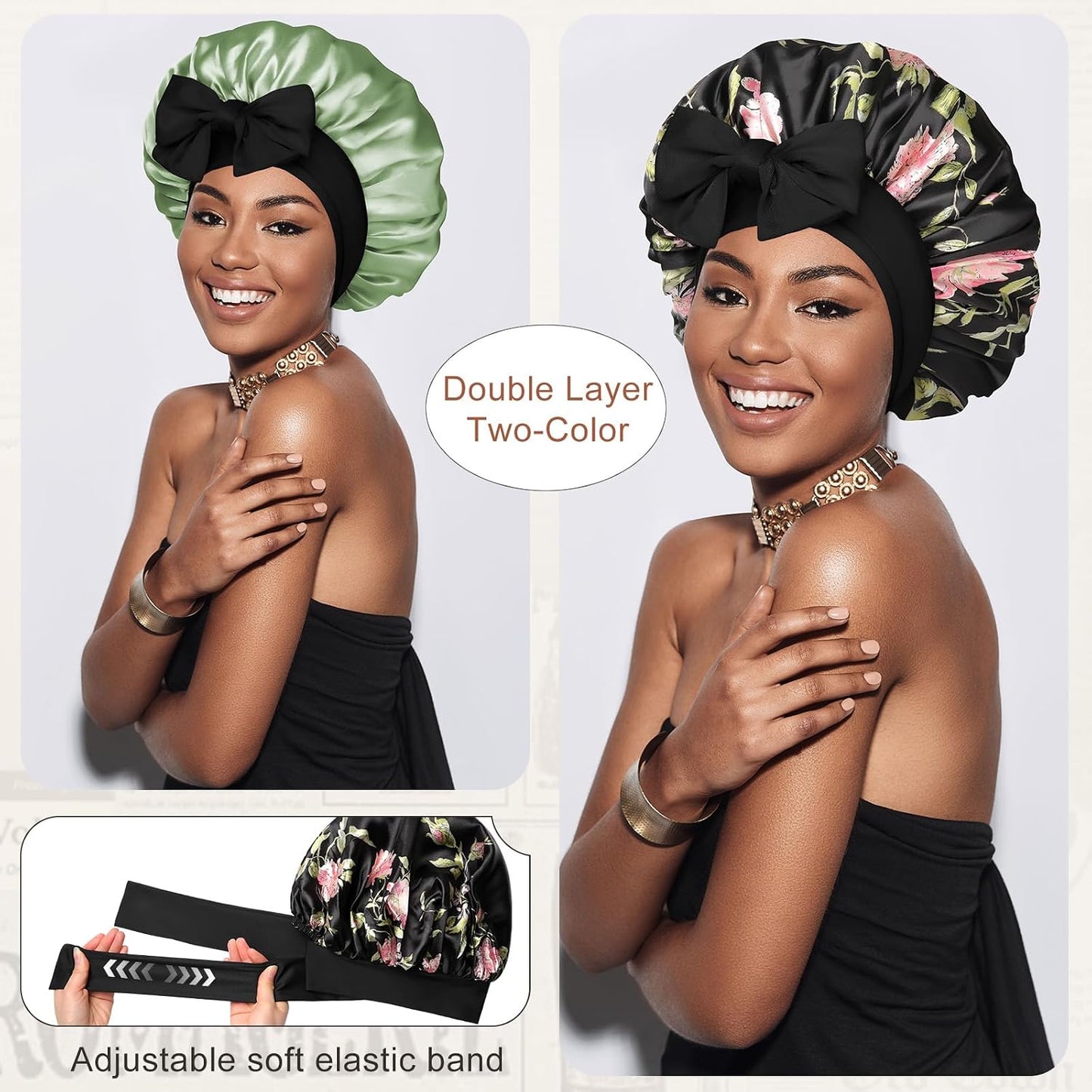 Satin Bonnet for Sleeping Cap Double Layer Hair Bonnet with Elastic Tie Band for Curly Hair Night Cap (Bean Paste + Pink)