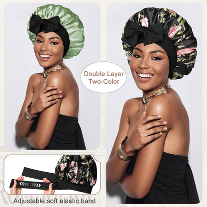 Satin Bonnet for Sleeping Cap Double Layer Hair Bonnet with Elastic Tie Band for Curly Hair Night Cap (Bean Paste + Pink)