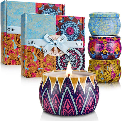 Scented Candles Gift Set for Women, 4 Pack Soy Wax Candles in Classic Bohemian Tins, Aromatherapy Candle Set, Birthday Gifts for Mom, Thank You Gifts