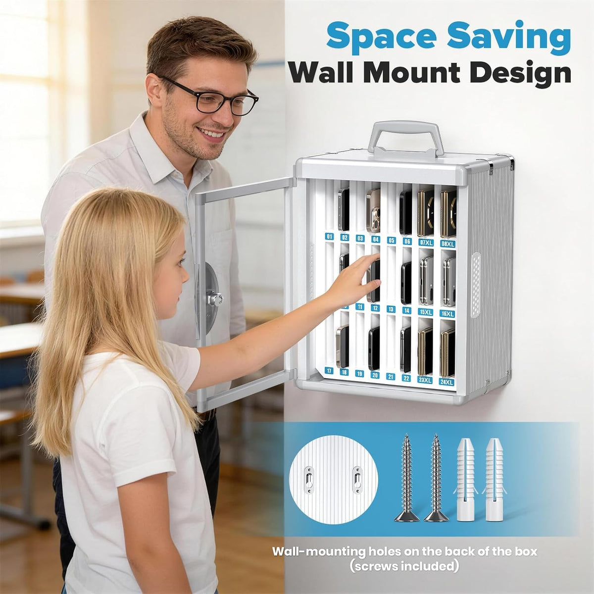 24 Slots Cell Phone Locker, Classroom Phone Storage Cabinet with Key, 【Wall Mounted】 【Aluminum Alloy】 Phone Lock Box, Mobile Phone Lockbox with Handle for School Office Exam(Silver)