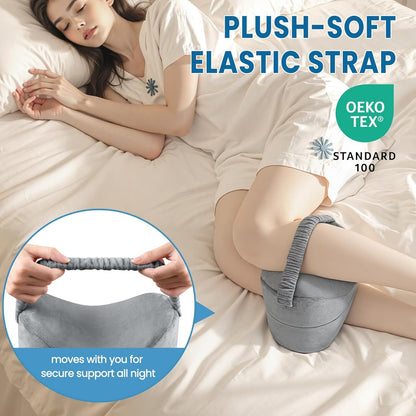 Knee Pillow for Side Sleepers with Strap, Supportive Memory Foam Leg Pillow for Side Sleeping & Spine Support, Ergonomic Curved Design for Hips and Back, Light Grey