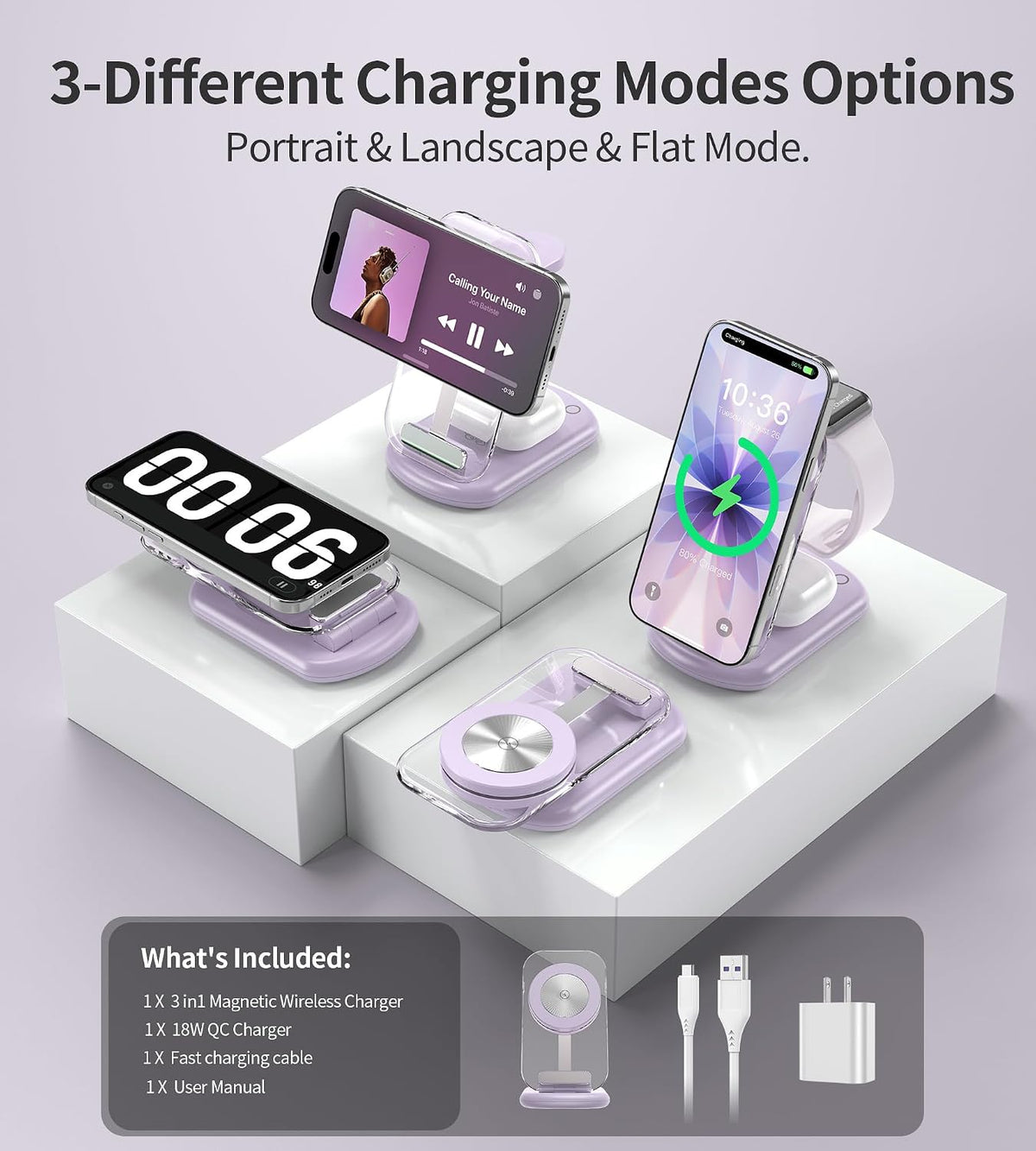Mukiya 3 in 1 Magnetic Wireless Charging Station for Apple Devices