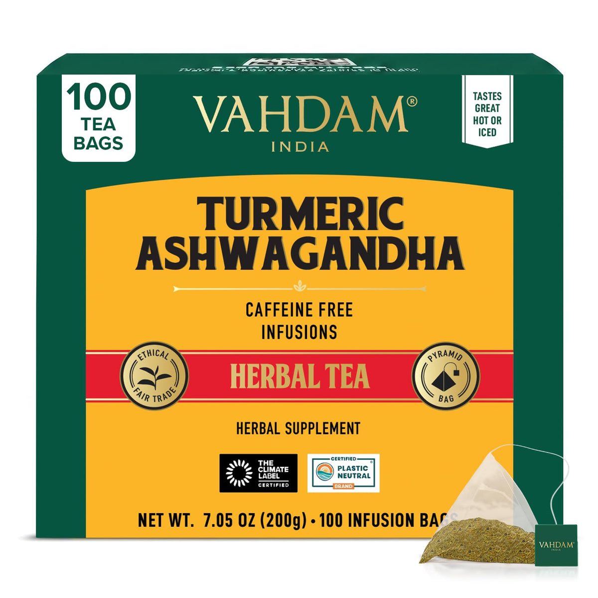 VAHDAM Turmeric Ashwagandha Tea(100 Pyramid Teabag)Caffeine Free Herbal Tea