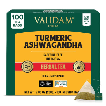 VAHDAM Turmeric Ashwagandha Tea(100 Pyramid Teabag)Caffeine Free Herbal Tea