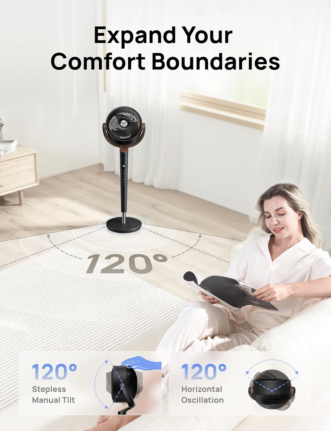 DREO Fan for Bedroom, 120° Oscillating Standing Fan, Quiet Floor Fan with DC Motor, Pedestal Fan for Room, 9 Speeds, 4 modes, 20dB, 120° Manual Vertical, 37-42" Adjustable Height, 9H Timer, Dark Gray