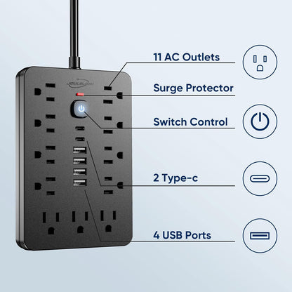 6 FT Flat Plug Surge Protector Power Strip,11 AC Outlets with 6 USB Ports