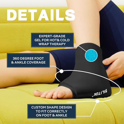 BILITOK Reusable Foot Ankle Ice Pack Wrap for Injuries, Cold Compression Therapy for Achilles Tendonitis, Plantar Fasciitis, Swelling, Sprained, Pain Relief (Black)