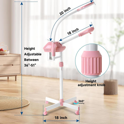 Professional Facial Steamer, Face Steam on Wheels, Estheticians Steamer with More Steam for Moisturizing and Hydration, Adjustable Height and Angle for Spa Beauty, Home Use, Pink