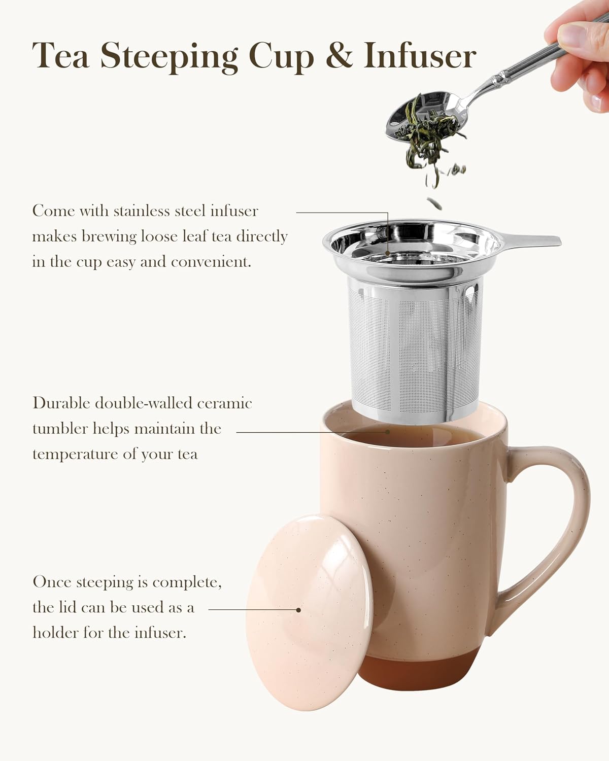 MALACASA Ceramic Tea Mug with Lid and Stainless Steel Infuser, 18 oz Large Tea Cup for Loose Leaf Tea, Heat-Resistant, Microwave & Dishwasher Safe, Speckled Glaze Coffee & Tea Brewer Mug, Khaki White