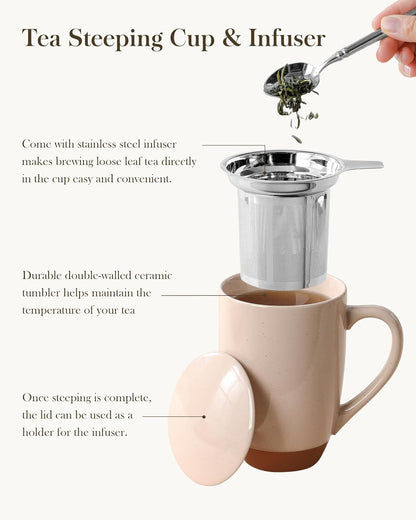 MALACASA Ceramic Tea Mug with Lid and Stainless Steel Infuser, 18 oz Large Tea Cup for Loose Leaf Tea, Heat-Resistant, Microwave & Dishwasher Safe, Speckled Glaze Coffee & Tea Brewer Mug, Khaki White