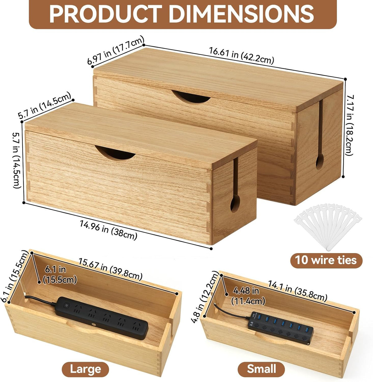 KIRIGEN Wooden Cable Management Box Set of 2, Cord Organizer, Natural