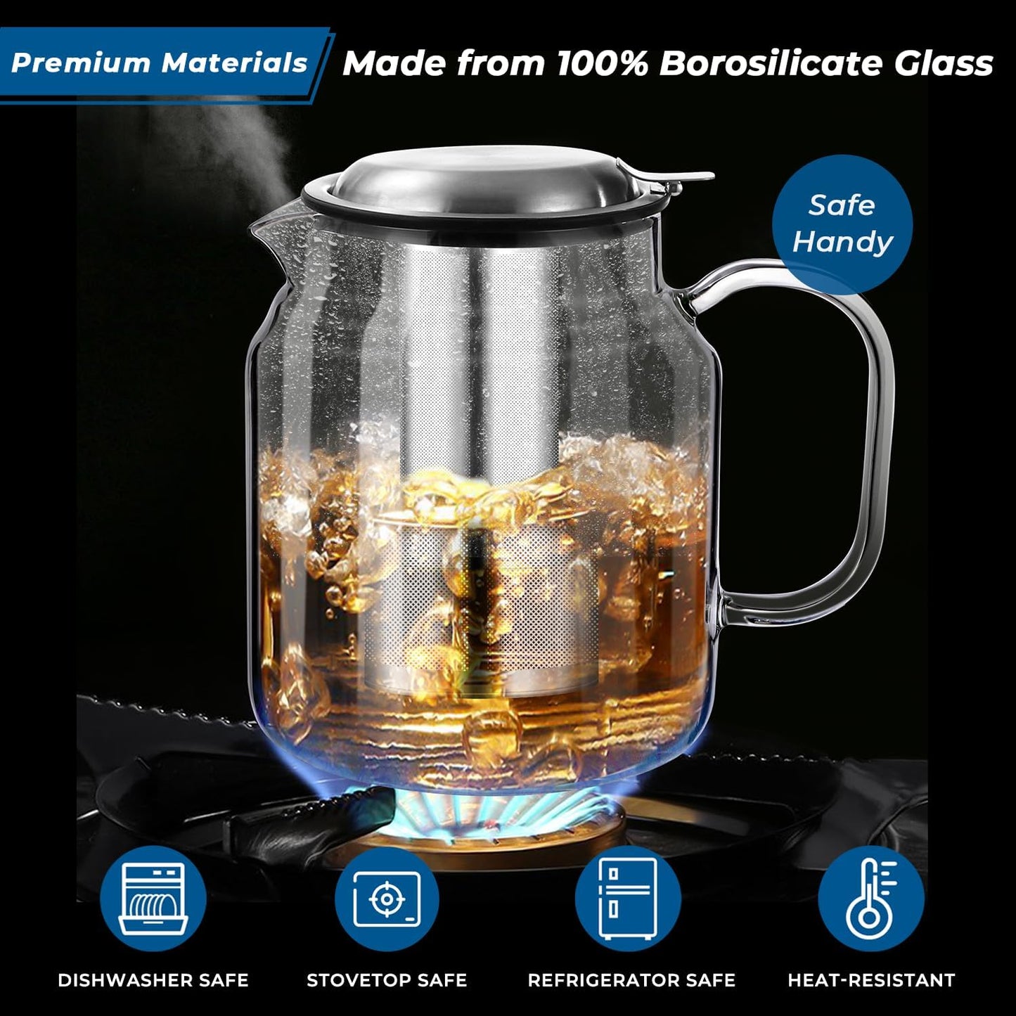 Aquach 51oz Glass Teapot with Infuser, Stovetop Safe Borosilicate Tea Pot | Dishwasher Safe, Plastic-free, Precise Loose Leaf Filter, Easy-clean Opening, Sharing Capacity
