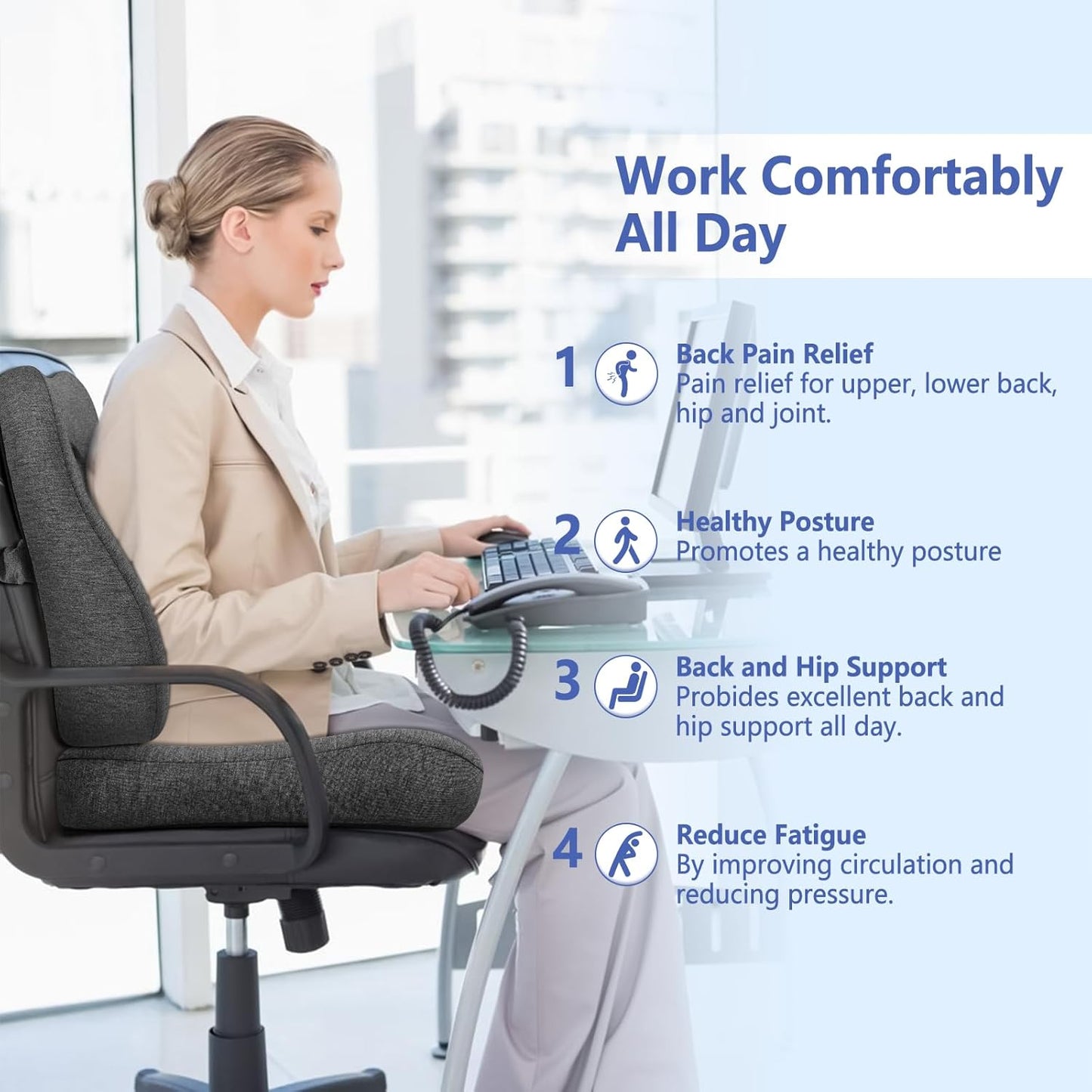 Seat Cushion & Lumbar Support Pillow for Office Chair,Memory Foam Chair Cushions for Tailbone Pain, Non-Slip Back Support for Desk,Gaming Chair,Wheelchair, Breathable & Machine Washable