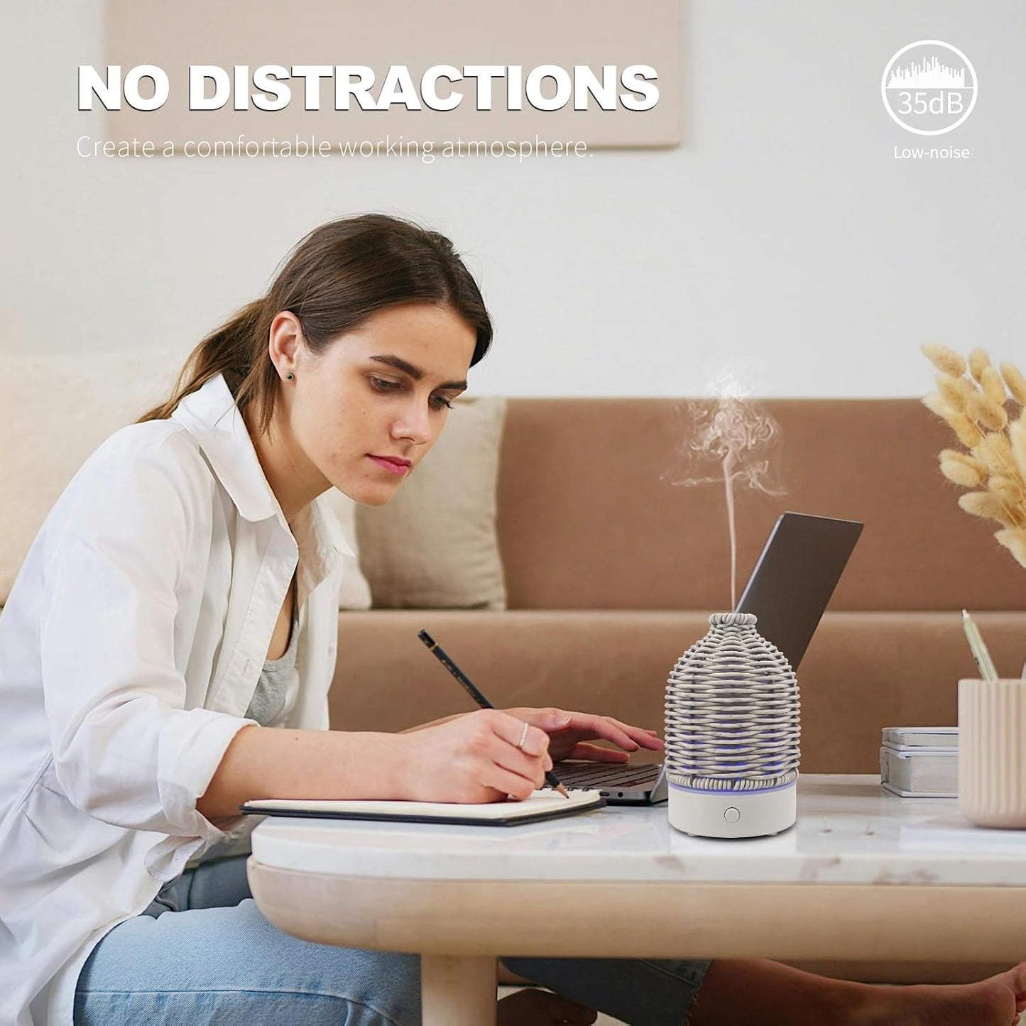 VICTORIA AROMA Essential Oil Diffuser - Multifunction Aromatherapy Diffuser 7 LED Color Changing Light 100ML Rattan Diffuser Easy to Clean Suitable for Home,Office (Tan)