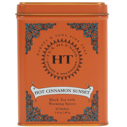 Harney and Sons Caffeinated Hot Cinnamon Sunset Black Tea with Orange and Cloves Tin 20 Sachets, Black Tea with Warming Spices (Pack of 1)