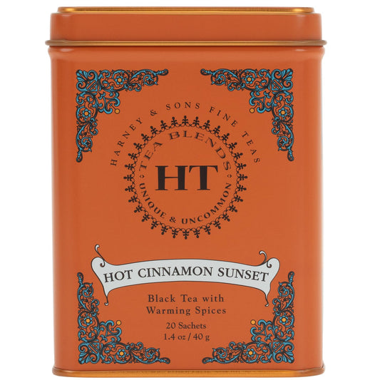 Harney and Sons Caffeinated Hot Cinnamon Sunset Black Tea with Orange and Cloves Tin 20 Sachets, Black Tea with Warming Spices (Pack of 1)