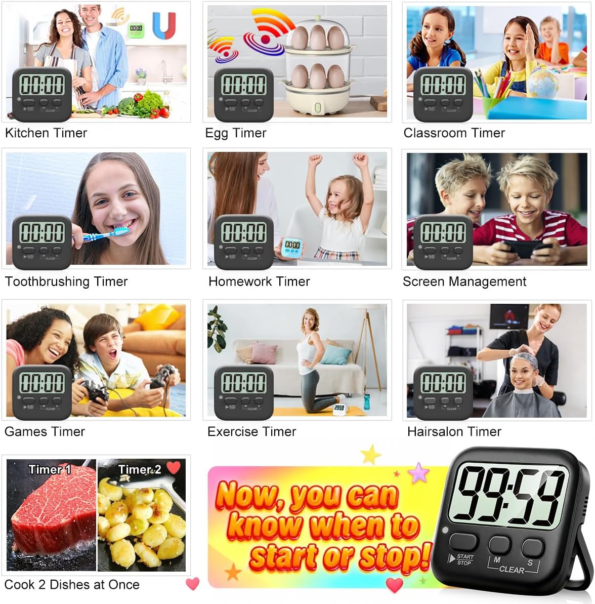 Antonki 2 Pack Digital Timer for Kids Classroom Kitchen Timers for Cooking