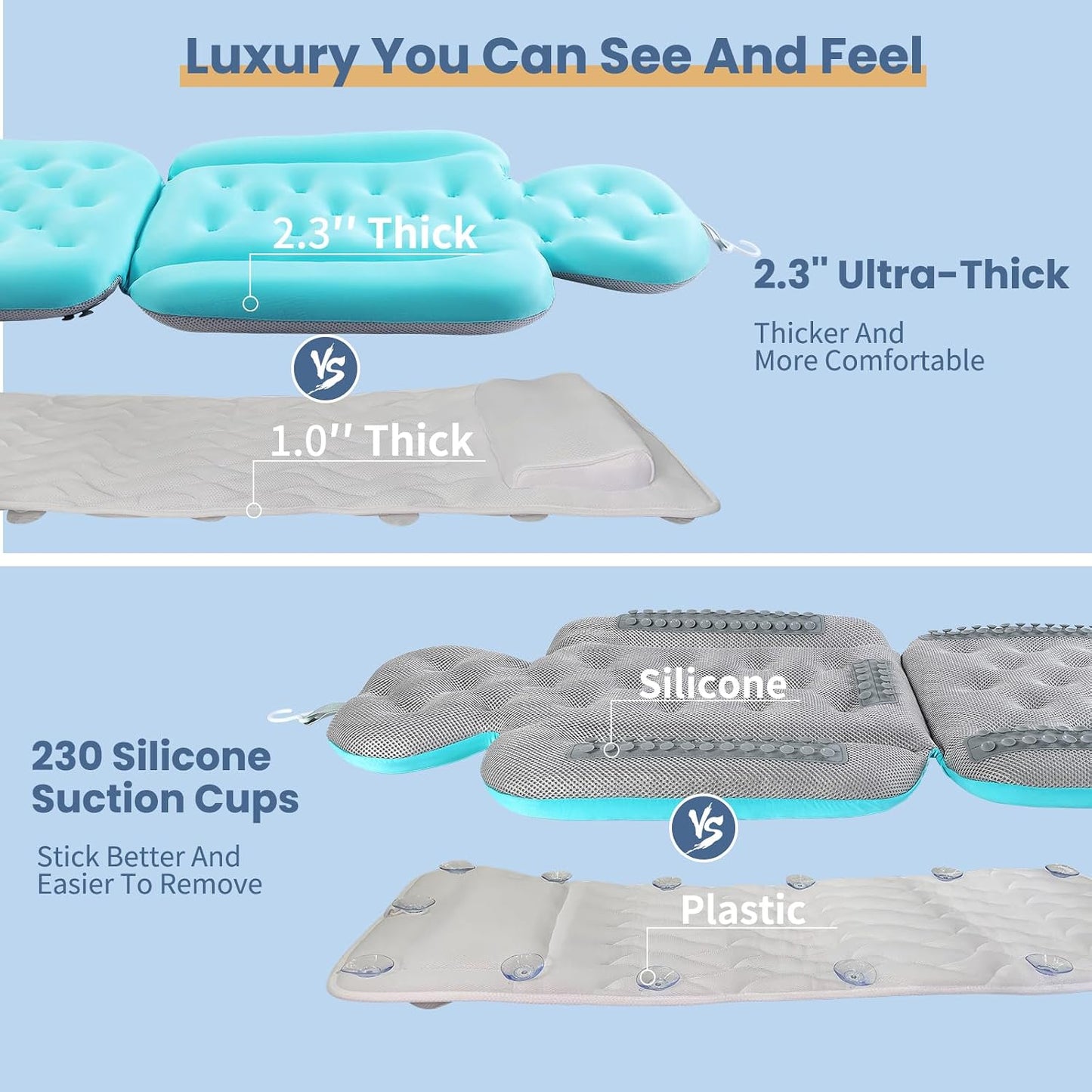 Luxury Bath Cushion, Full Body Bathtub Pillow with 160 Suction Cups, Bath Mat for Head and Neck Support, with Laundry Bag (Light Pink, 51" x 16")