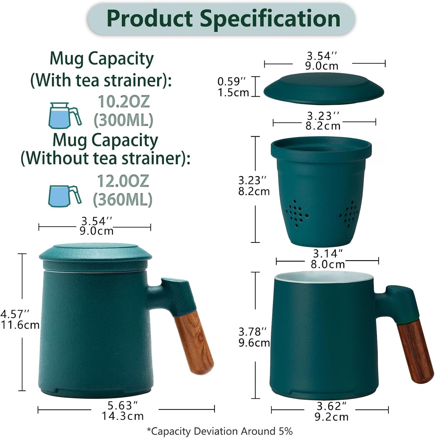 ZENS Embossed Ceramic Tea Mug with Infuser and Lid, 14.5 oz Wooden Handle, Loose Leaf Tea Steeper Cup & Strainer for Tea Lovers Gifts