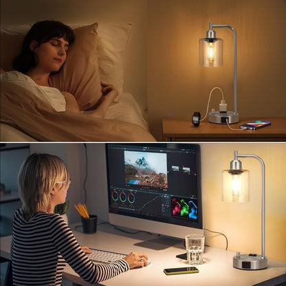 Industrial Table Lamps for Bedrooms Set of 2 - Fully Dimmable Bedside Lamps with USB A and C Ports and Outlet, Black Nightstand Lamps with Glass Shade for Living Room, Desk Lamps for Office Reading