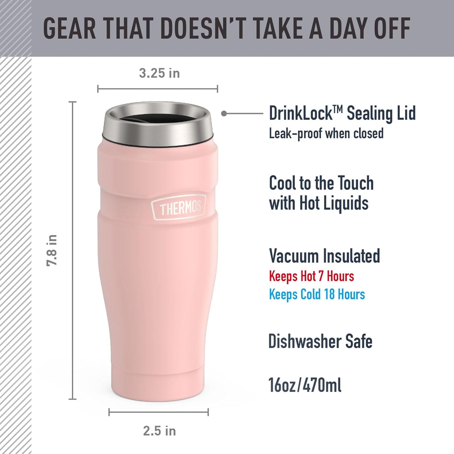 THERMOS Stainless King Vacuum-Insulated Travel Tumbler, 16 Ounce, Matte Steel