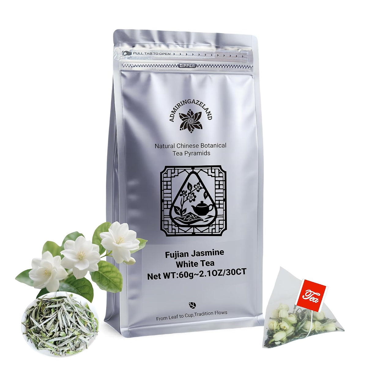 ADMIRINGAZELAND Jasmine White Tea - 30 Count Fujian Pyramid Tea Bags Floral