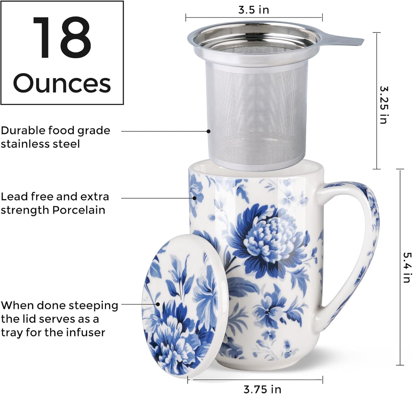 AmorArc Porcelain Tea Mug with Infuser and Lids, 18 Oz Large Cup Strainer with Bag Holder for Loose Leaf Tea, Steeping Coffee Mug for House-warming Wedding Birthday Gift