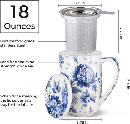 AmorArc Porcelain Tea Mug with Infuser and Lids, 18 Oz Large Cup Strainer with Bag Holder for Loose Leaf Tea, Steeping Coffee Mug for House-warming Wedding Birthday Gift