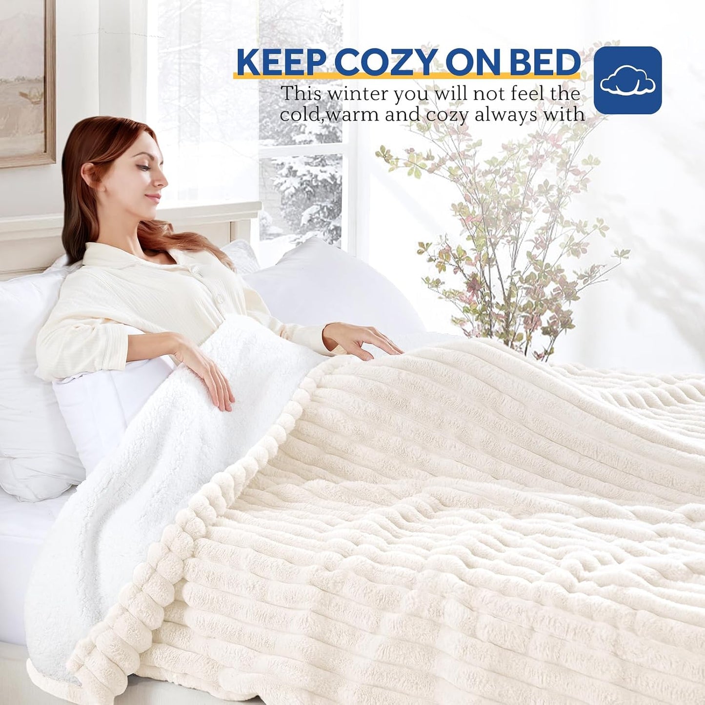 Sealy Electric Blanket Throw Size 50"*60",Super Cozy Faux Fur to Sherpa Reversible Heated Blanket Throw with 6 Heating Levels & 2-10 Hours Auto Off Overheating Protection Machine Washable,Blue White