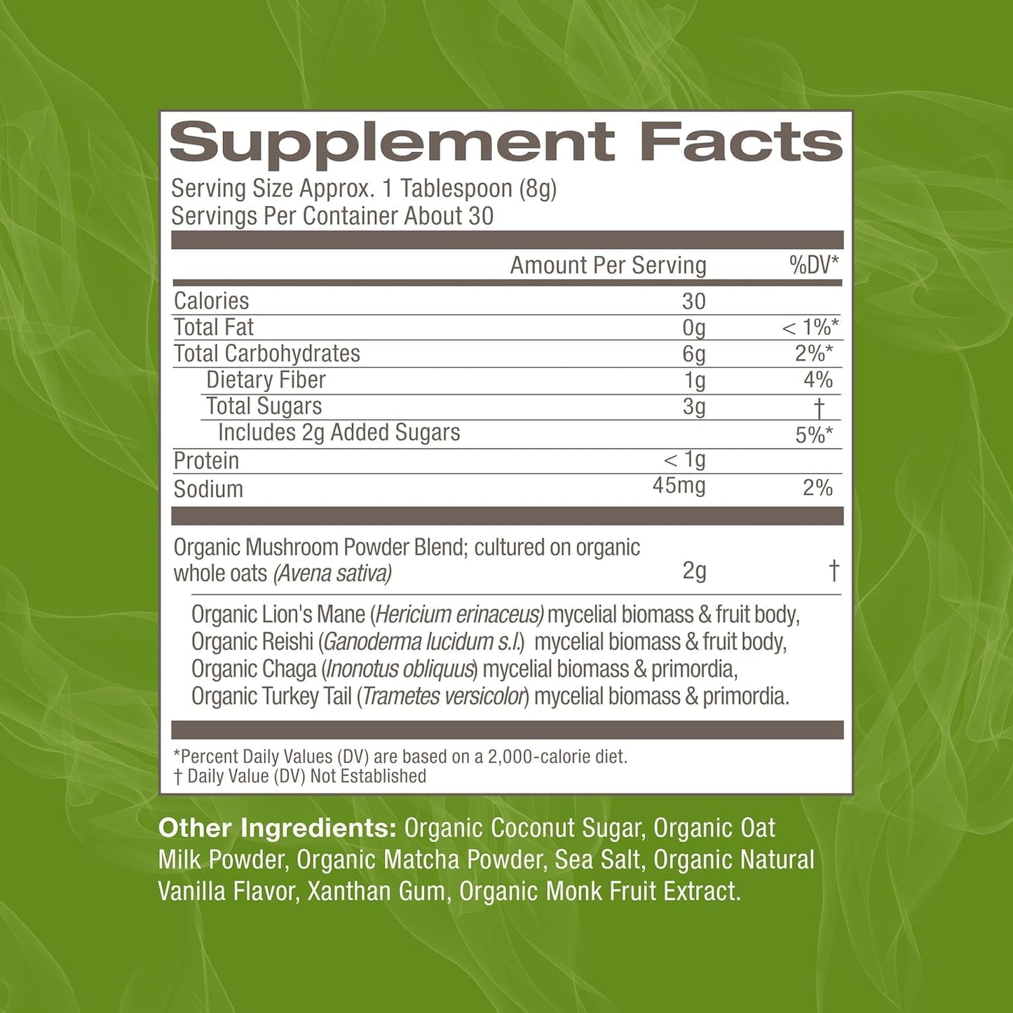 OM MUSHROOM SUPERFOOD Matcha Latte Blend – Green Tea Mushroom Powder with Lion’s Mane, Reishi, Chaga & Turkey Tail – Focus, Calm & Stress Support – 8.47 oz Canister (30 Servings)