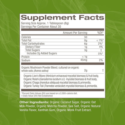OM MUSHROOM SUPERFOOD Matcha Latte Blend – Green Tea Mushroom Powder with Lion’s Mane, Reishi, Chaga & Turkey Tail – Focus, Calm & Stress Support – 8.47 oz Canister (30 Servings)