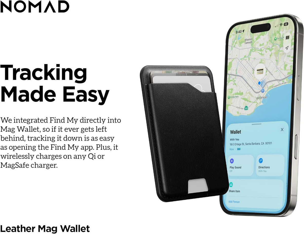 Nomad Leather Black Magsafe Wallet w/Integrated Tracking for iPhone, Slim Magsafe Card Holder for iPhone, Wallet GPS Tracker Card 5 Months Battery Life, Rechargeable, Compatible with iOS Only