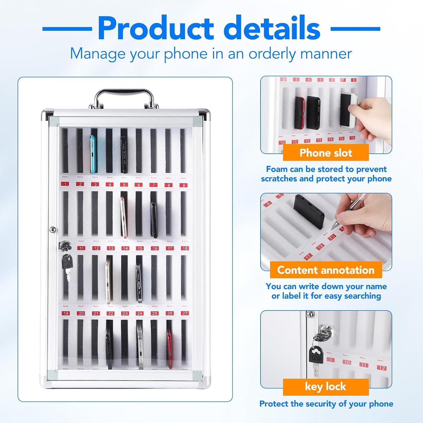 24 Slots Cell Phone Locker, Aluminum Alloy Portable Phone Storage Cabinet, Wall-Mounted Lock Box with Handle for Classroom Office Employees