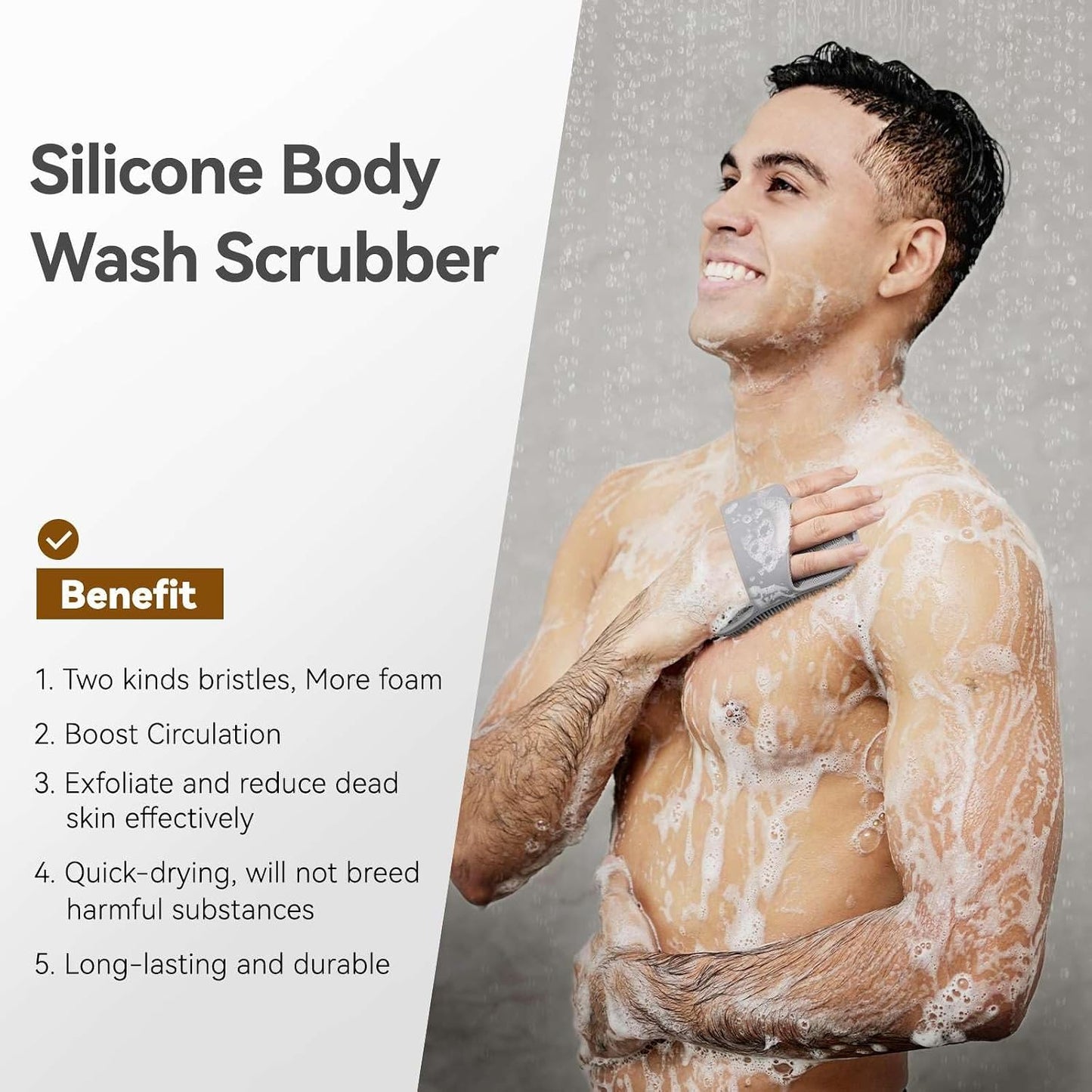 Silicone Body Scrubber for Men Women, Friendly Shower Body Scrubber for Sensitive Skin, Silicone Loofahfor Showering with Richer Foam Bristles and Anti-Slippery Handle, Gray
