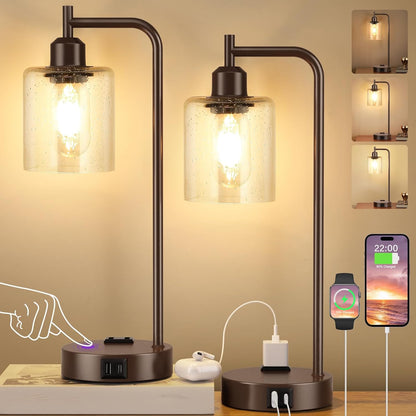 Industrial Touch Table Lamps for Bedrooms Set of 2 - 3-Way Dimmable Nightstand Lamps with USB C+A Ports and Outlet, Black Bedside Lamps with Glass Shade for Living Room, Desk Lamps for Home Office