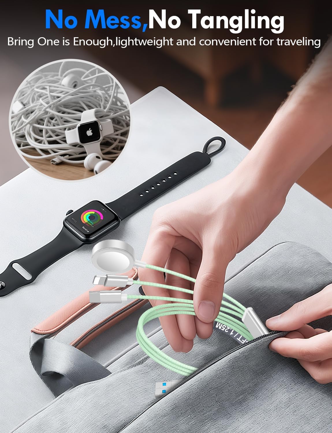 Travel Essentials for Apple Watch Charger,3-in-2 Multi Charging Cable