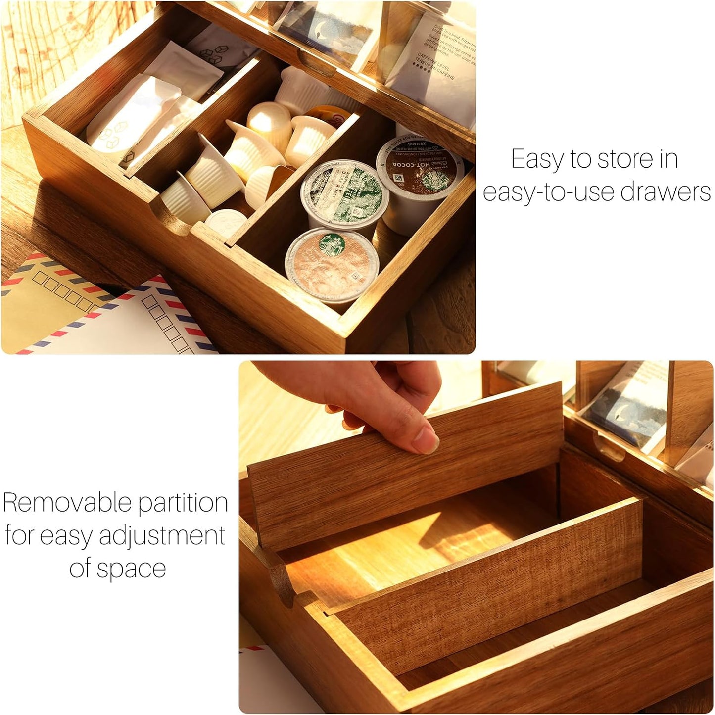 HTB Acacia Wood Tea Bag Organizer Storage Box with 6 Compartments
