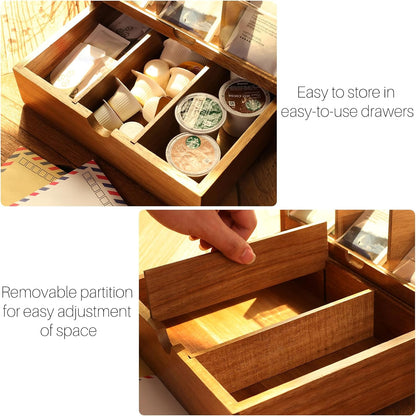 HTB Acacia Wood Tea Bag Organizer Storage Box with 6 Compartments