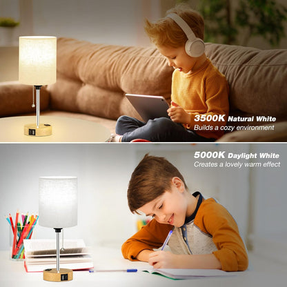 Small Bedside Table lamp for Bedroom - 3 Color Temperatures Bedside Lamps with USB C and A Ports, Pull Chain Table Lamps with AC Outlet, White Nightstand Lamps with Black Metal Base for Kids Reading